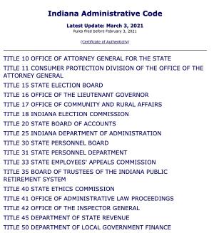 Image of Indiana Administrative Code's table of contents